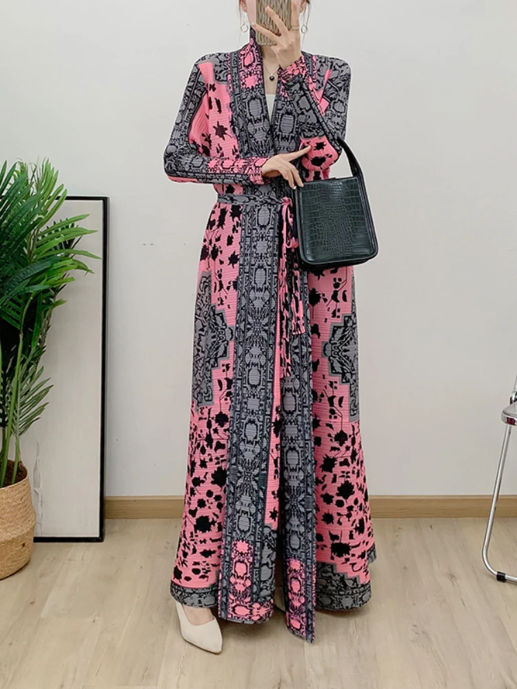 ANLAN Miyake Long Sleeve Print Dress Windbreak Women 2024 Autumn New Original Designer Abayas Lapel Belted Trench Coats 32A1906