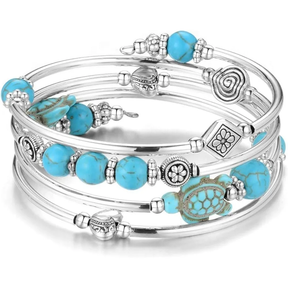 

Layered Wrap Bangle Turquoise Bracelet - Bead Bracelet with Natural Agate Stone, Gifts For Women