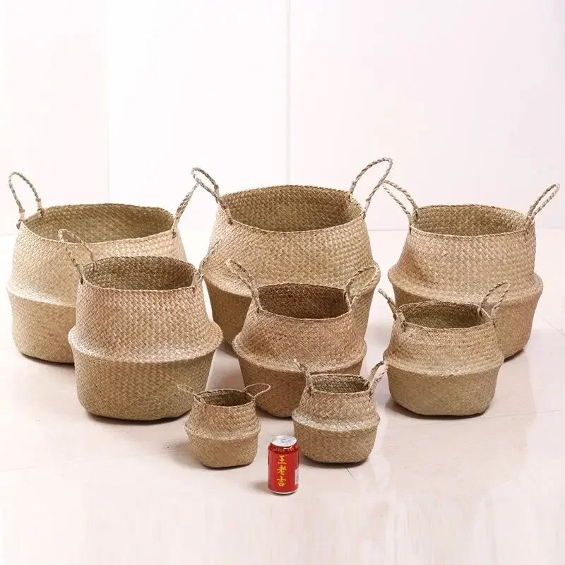 Zerolife-Seaweed Wicker Basket for Dirty Cloth, Laundry Storage Bakset, Hand Woven, FLower Plant Pot, Home Garden Cesta Mimbre