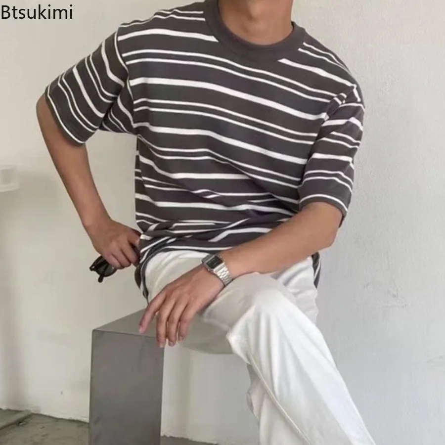 الصيف موضة تنوعا الحياكة س الرقبة تي شيرت للرجال عادية فضفاض قصيرة الأكمام بلايز الرجال مخطط شخصية الملابس اليومية #3