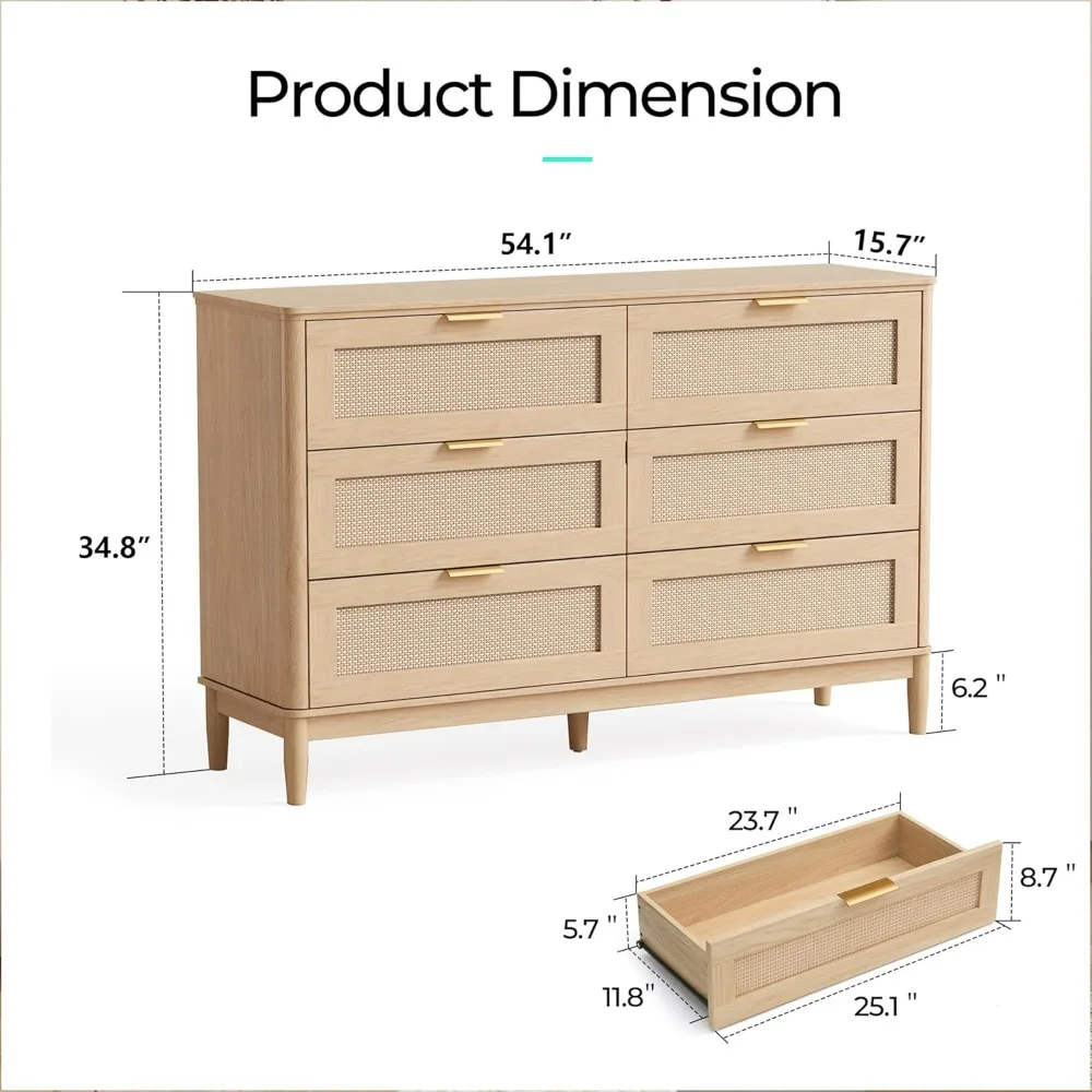 Mid-Century Modern Kommode aus Rattan mit 6 Schubladen, 47 breite Schlafzimmerkommode mit Metallgriffen