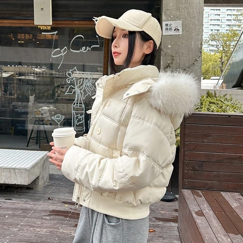 Autumn Winter Fur Hooded Jacket Women Outerwear Thick Dowon Cotton Padded Slim Short Parkas Female Cropped Puffer Bubble Coat