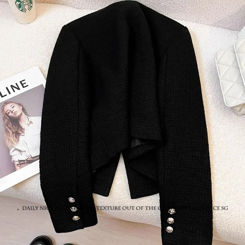 2025 New Stand-up Collar Black Lace Blazer Fragrant Spring and Autumn Rich Elegant Temperament Thousand Gold Top Women