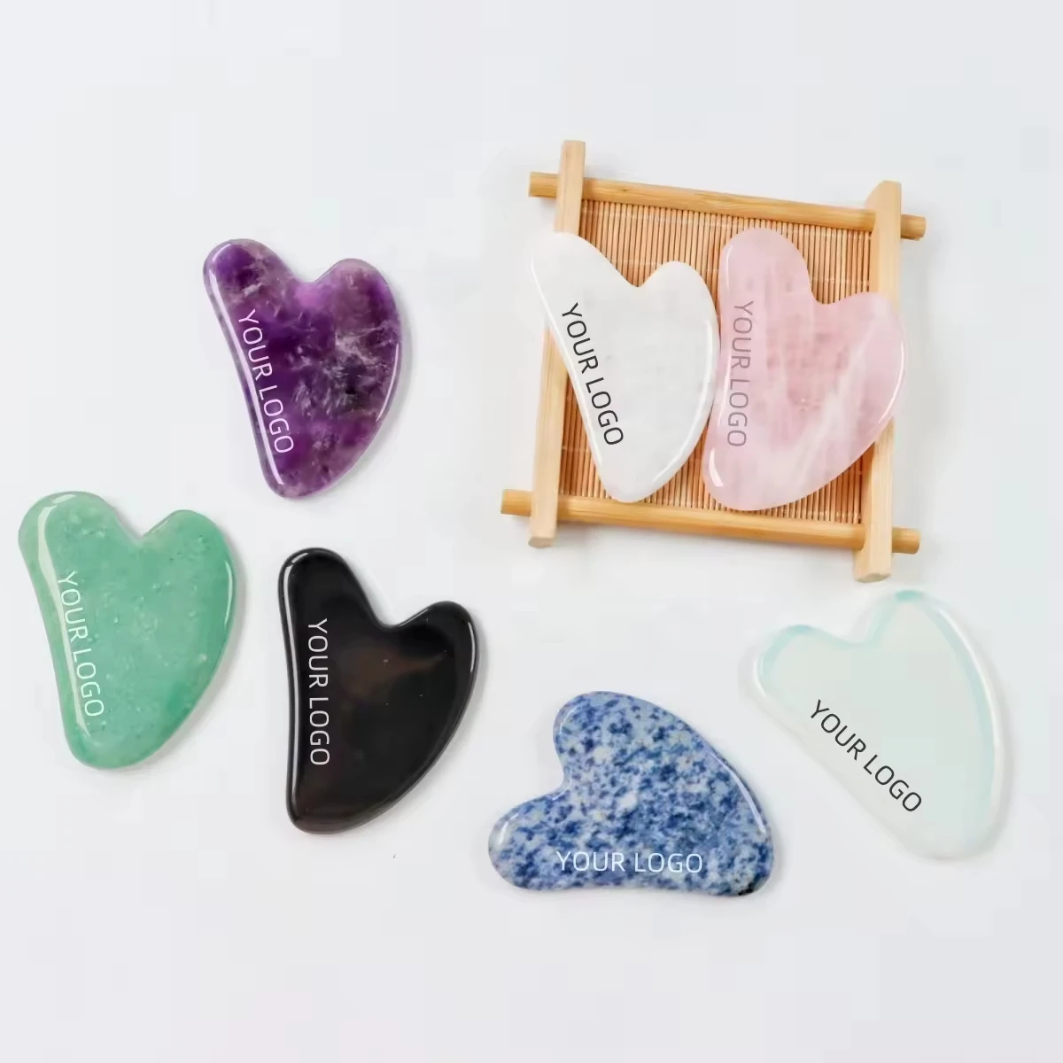 20pcs Custom Logo Rose Quartz Bian Stone Real Jade Quartz Crystal Gua Sha Face Tool Body Massage