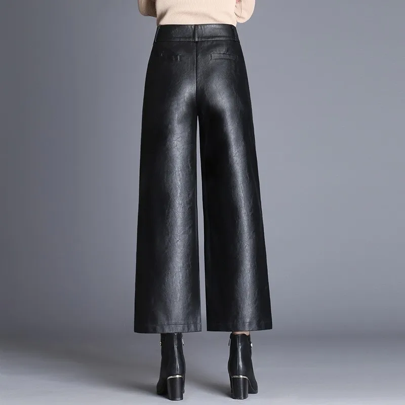 Autumn Winter South Korea Fashion Warm Long Pants Straight Elegant Leather Trousers Women Wide Leg PU Leather Pants