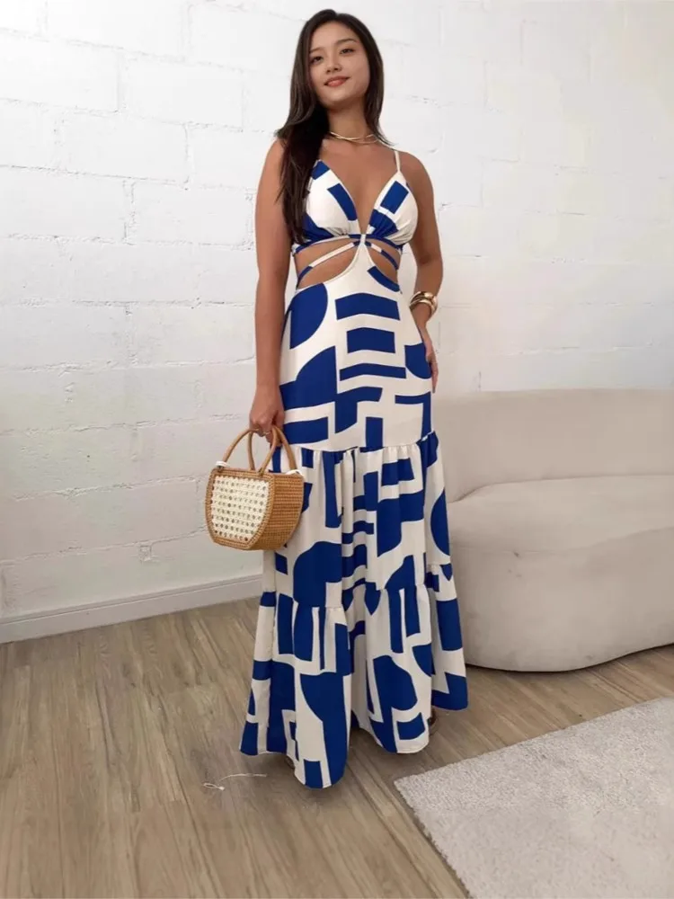 Summer New Fashion Geometric Printed Dress Temperament Elegant Suspender Hollow Backless Waist V-neck Tie Commuting Dresses