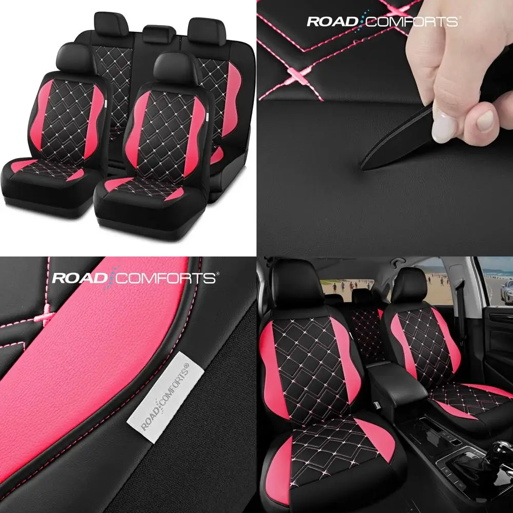 

Чехлы на сиденья Road Comforts, кожаные чехлы премиум-класса для автомобильных сидений, полный комплект для женщин и девочек, совместимые с подушками безопасности, автомобильные чехлы на сиденья Un