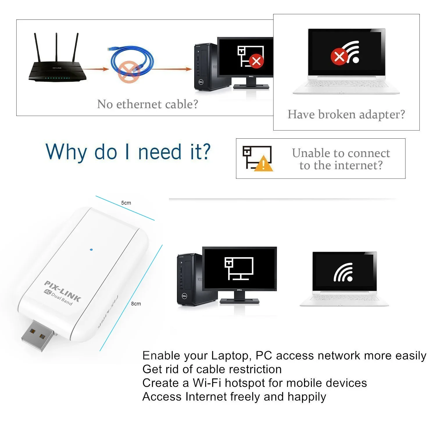 PIX-LINK 600M USB2.0 Adapter 5Ghz High Speed Portable Mini Network Wireless Receiver PC USB Wifi Adapter