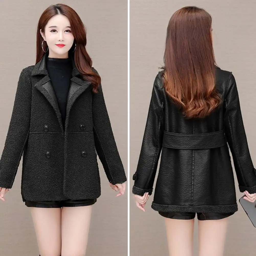 

Suit Collar Jacket Stylish Reversible Fleece Jacket with Faux Leather Patchwork Plus Size Pockets Double-breasted for Autumn