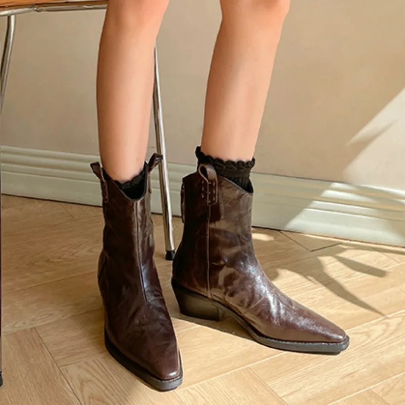 Women Pointed Toe Ankle Boots Western Chelsea Boots Flats 2024 Winter Designer New Fashion Party Shoes Walking Trend Women Shoes