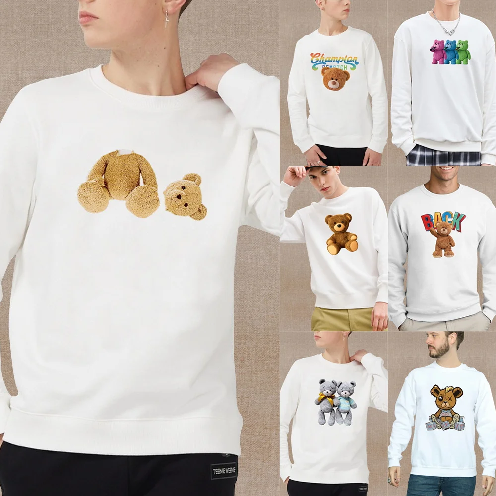 Men's Casual Fashion Long-sleeved Sweatshirt White Pullover Street Cartoon Teddy Bear Print Autumn Series Round Neck Warm Hoodie