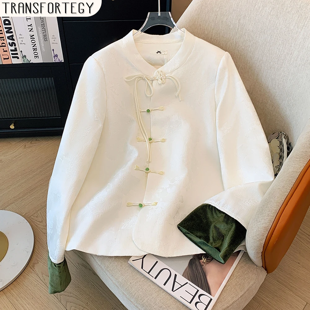 Plus size women's autumn and winter casual loose retro Chinese coat long sleeve comfortable fashion clip cotton top 2024 new