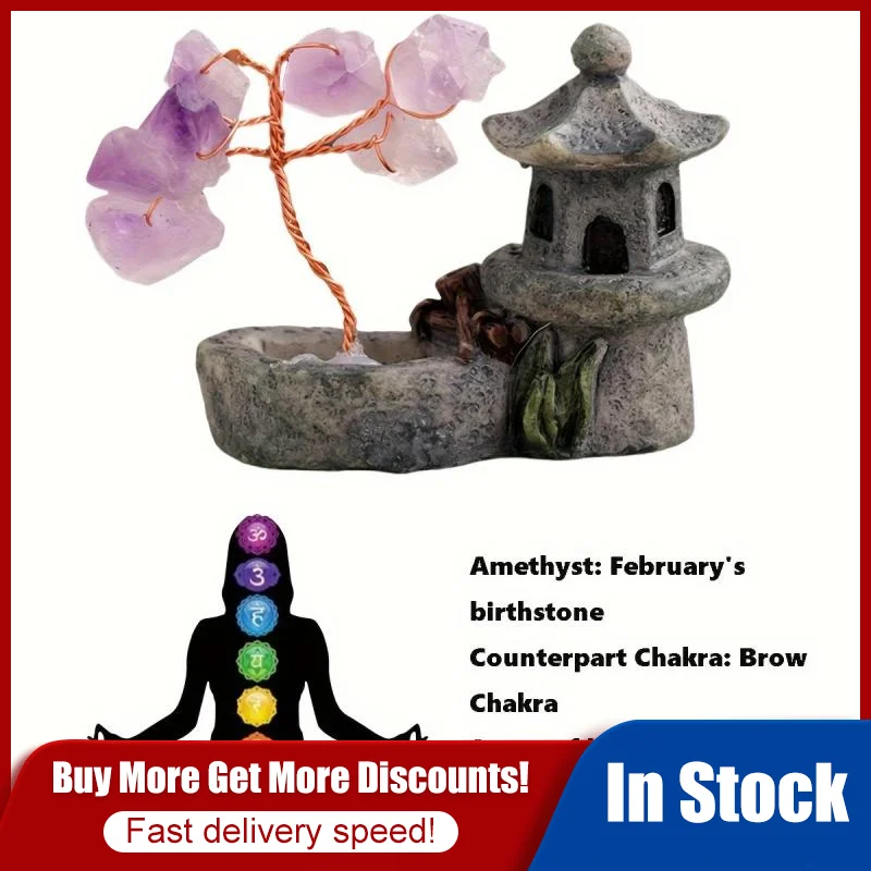 

Amethyst Tree Ornament Pond Tower Resin Feng Shui Lucky Tree Craft Mini Retro Energy Gemstone Meditation Home Office Decoration