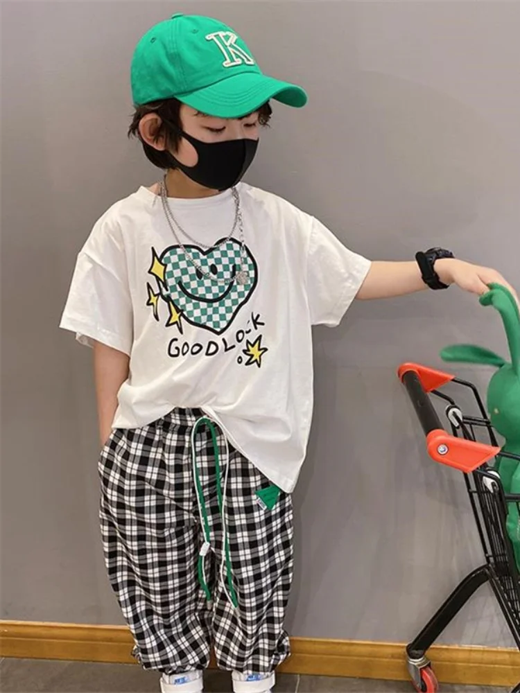 

children's Heart-shaped Grid Print short sleeved T-shirt Boys O-neck Casual Tops