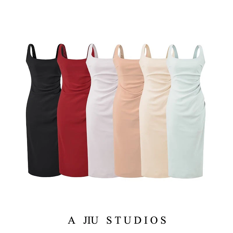 

Сексуальное летнее платье для женщин с плиссировкой по бокам и эластичными бретелями, подчеркивающее талию и бедра