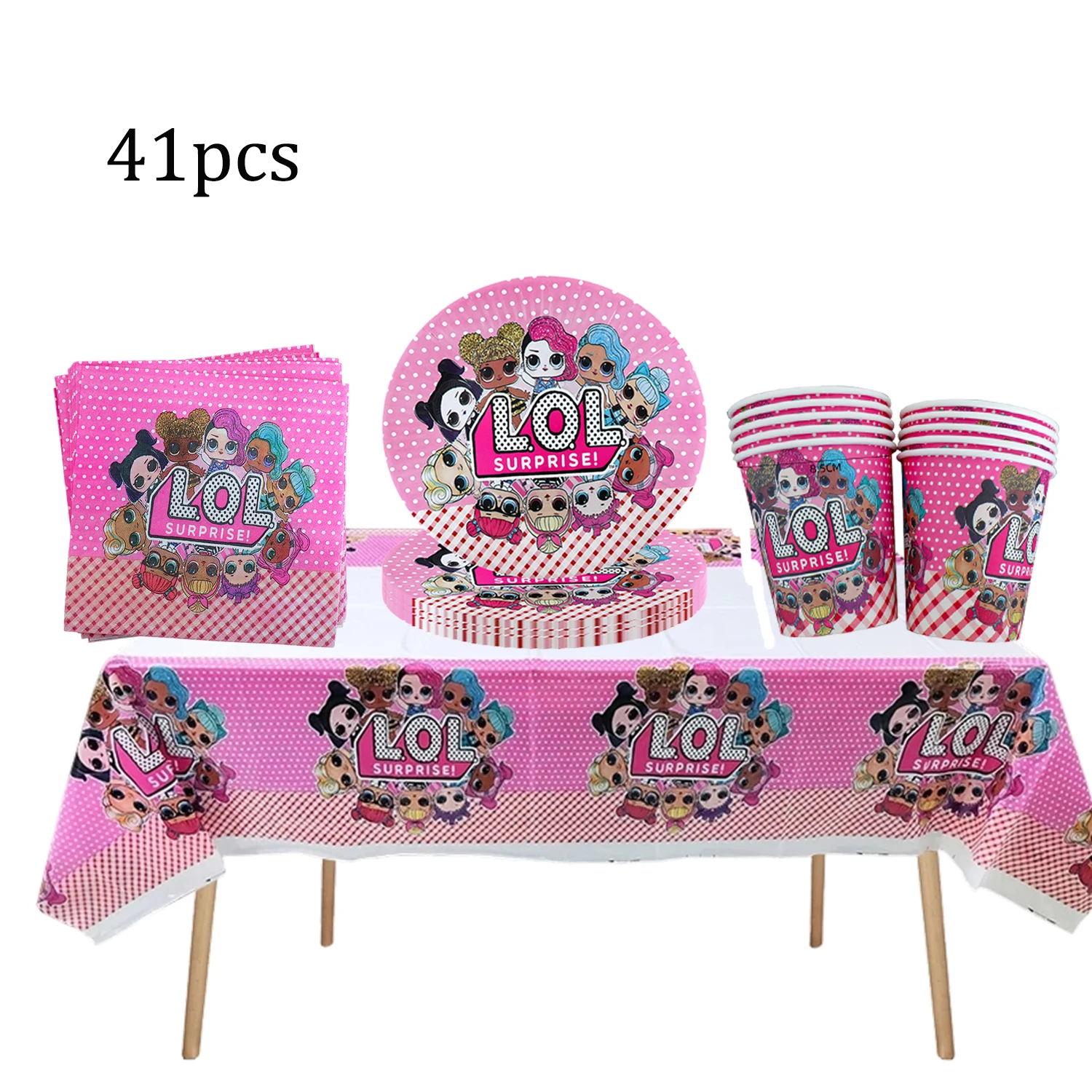 lol مفاجأة دمية حفلة عيد ميلاد موضوع الزينة أوراق لوحات أكواب راية مفرش المائدة القش مجموعة لإمدادات استحمام الطفل #4