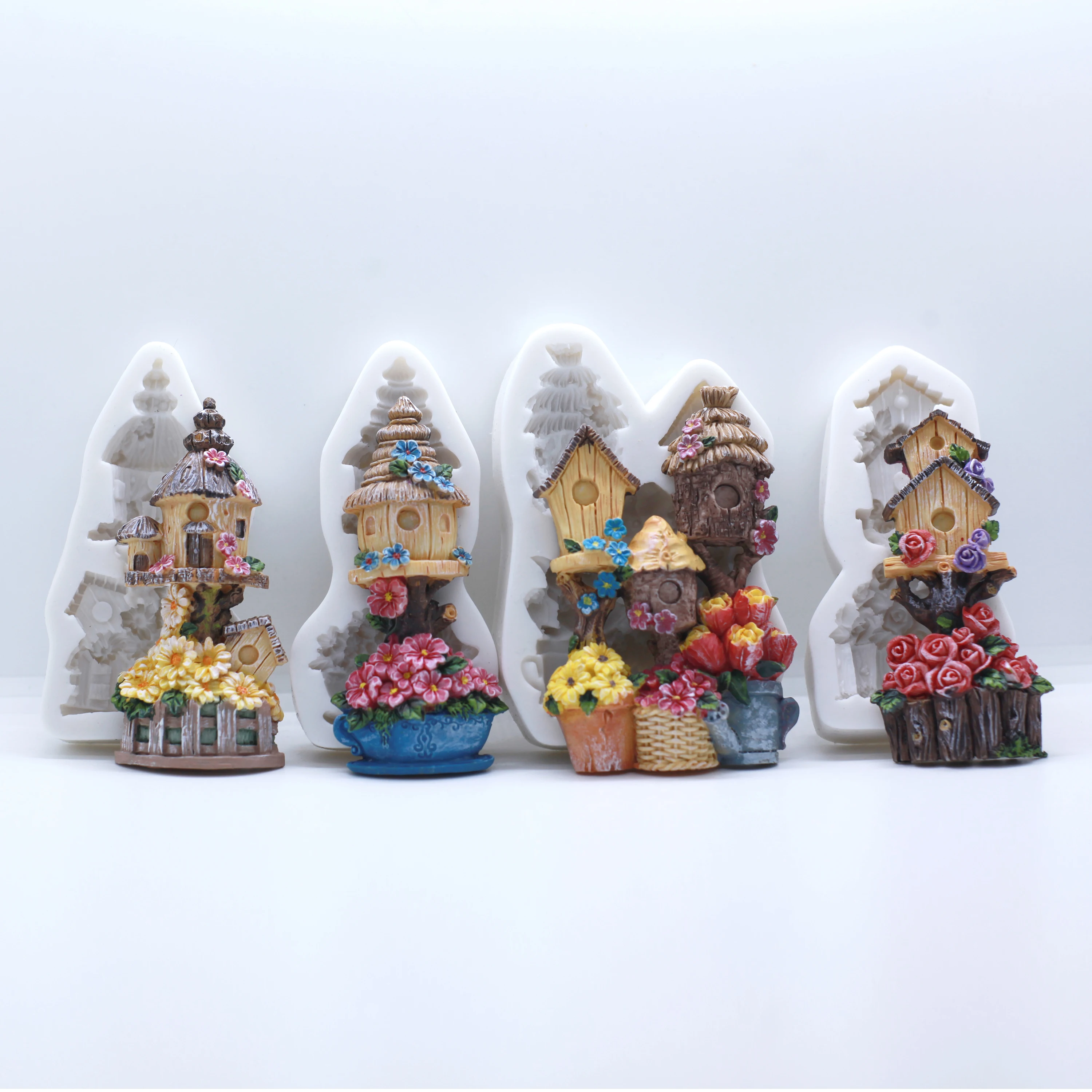 Elf Fairy Tale Courtyard Wooden Flower Pot, Bird House Shape, Soft Sugar Silicone Mold, Decoração Do Bolo, Resina De Cozimento De Chocolate