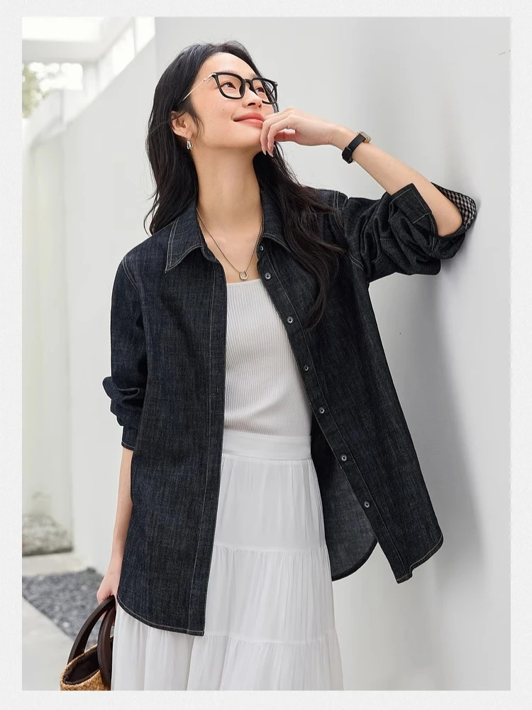 VIMLY Women's Denim Shirt Spring 2025 Black-Grey Cotton Mid-Length Turn-down Collar Jacket Korean-style Relaxed Fit A0178