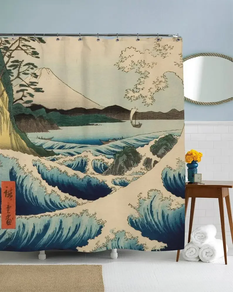 Ocean Waves Shower Curtain, Whirlpool Bathroom Decor, Japanese Art, Boho, Sea Theme Décor