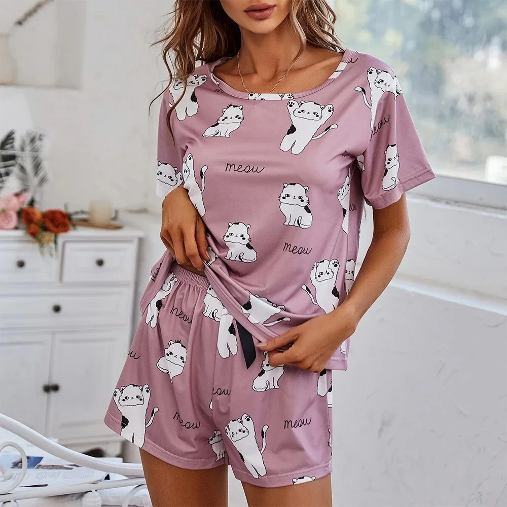 Damen-Pyjama-Set mit Cartoon-Druck, kurzärmelig, T-Shirt, Shorts, Nachtwäsche, 2-teiliges Set für Damen, lässig, Rundhalsausschnitt, belüfteter Anzug