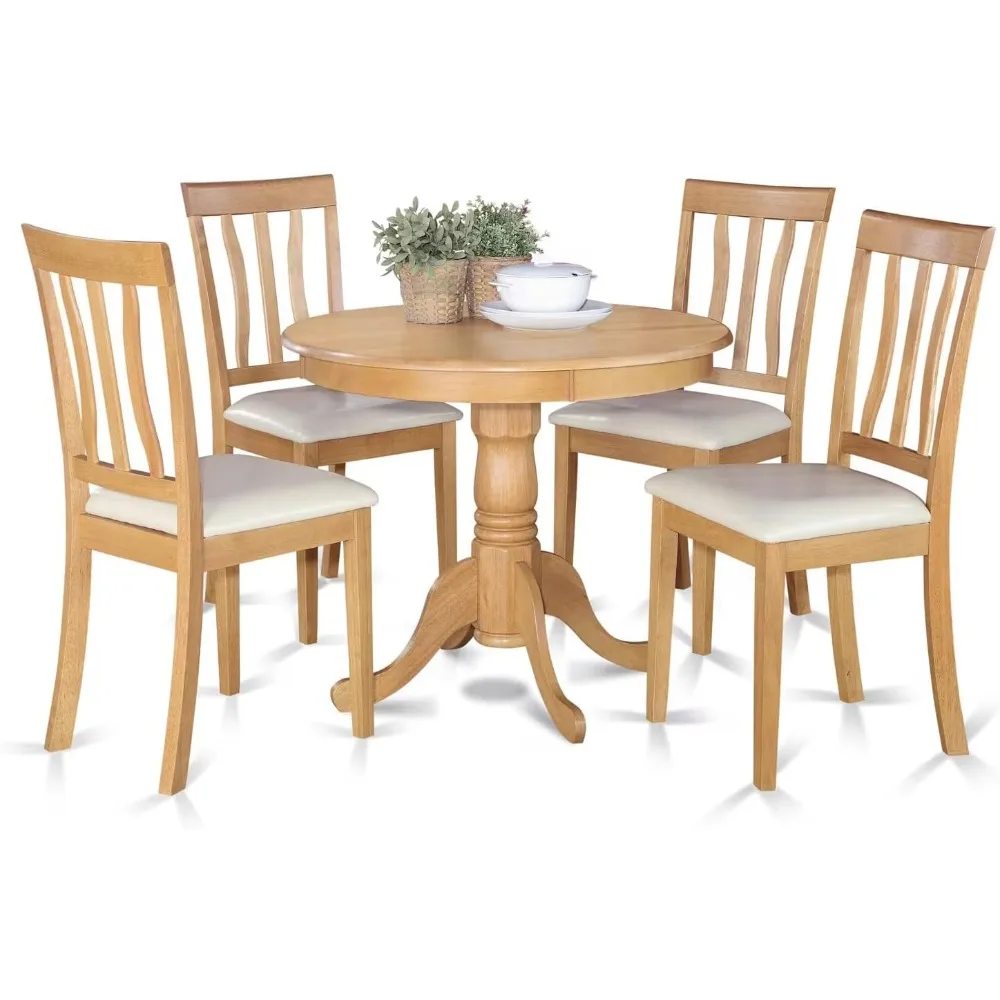 5 Piece Room Furniture Set Includes a Round Kitchen Table with Pedestal and 4 Faux Leather Upholstered Dining Chairs,36x36 Inch