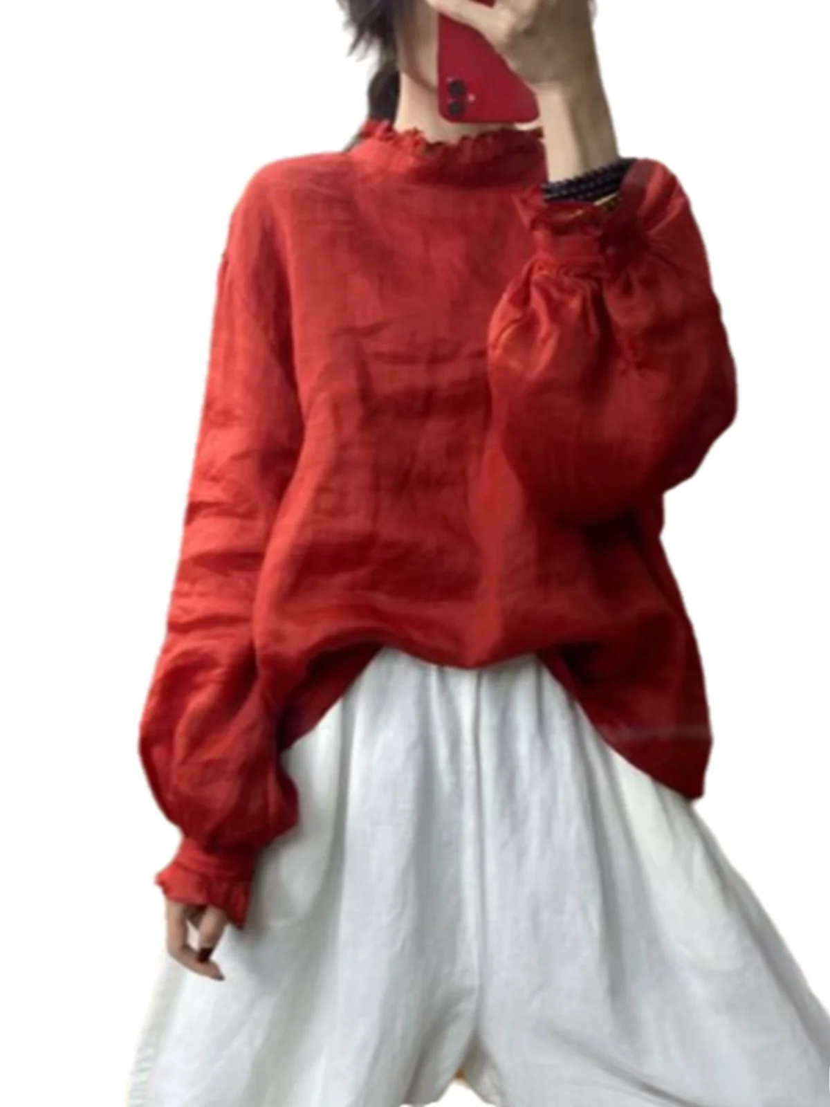 レッドレースカラーリネンirtレディースルーズランタンスリーブファッション春2025通勤スリーブレギュラースリーブロングスリーブトップ