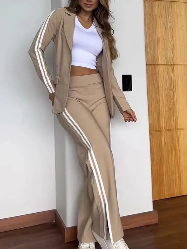 Women\'s Two-piece Set Fall Winter Casual Pantsuit Fashion Splicing Stripes Slit Wide Leg Trousers Female Suit Sports Clothing