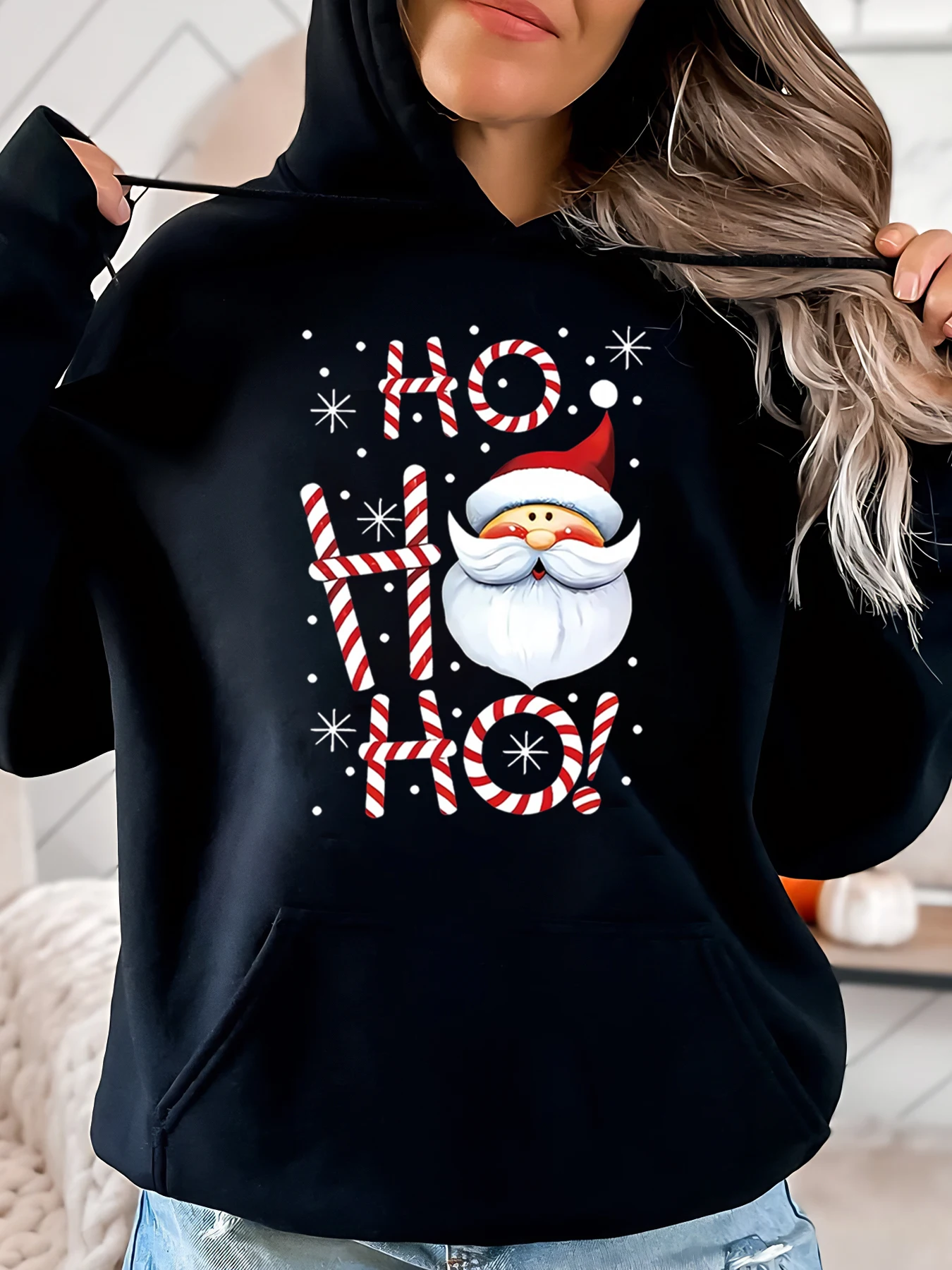 

Санта Хо Хо Хо Рождественская толстовка женская повседневная зимняя праздничная одежда черная больших размеров