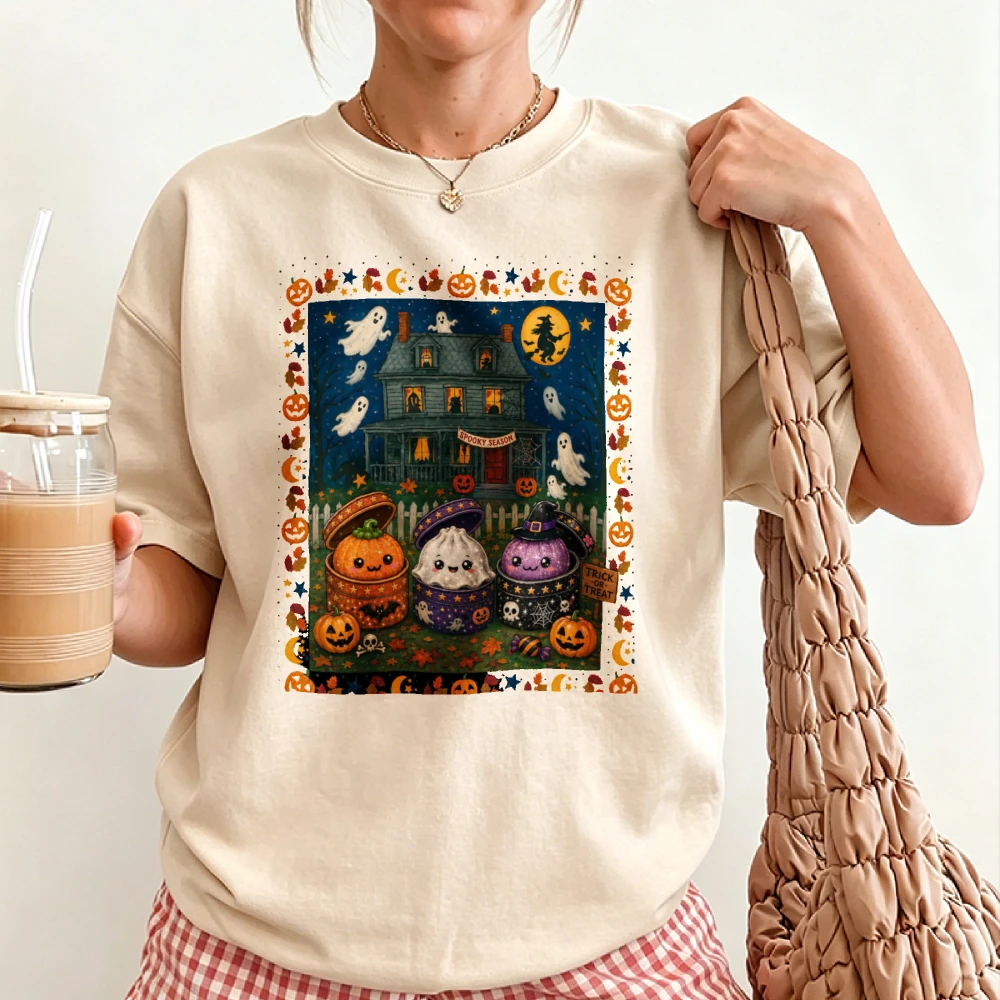 Halloween Haunted House Cute Candy Jar Ghost Pumpkin Graphic T-shirt Spooky Moon Witch Print Tee Fall Holiday Casual Party Tops