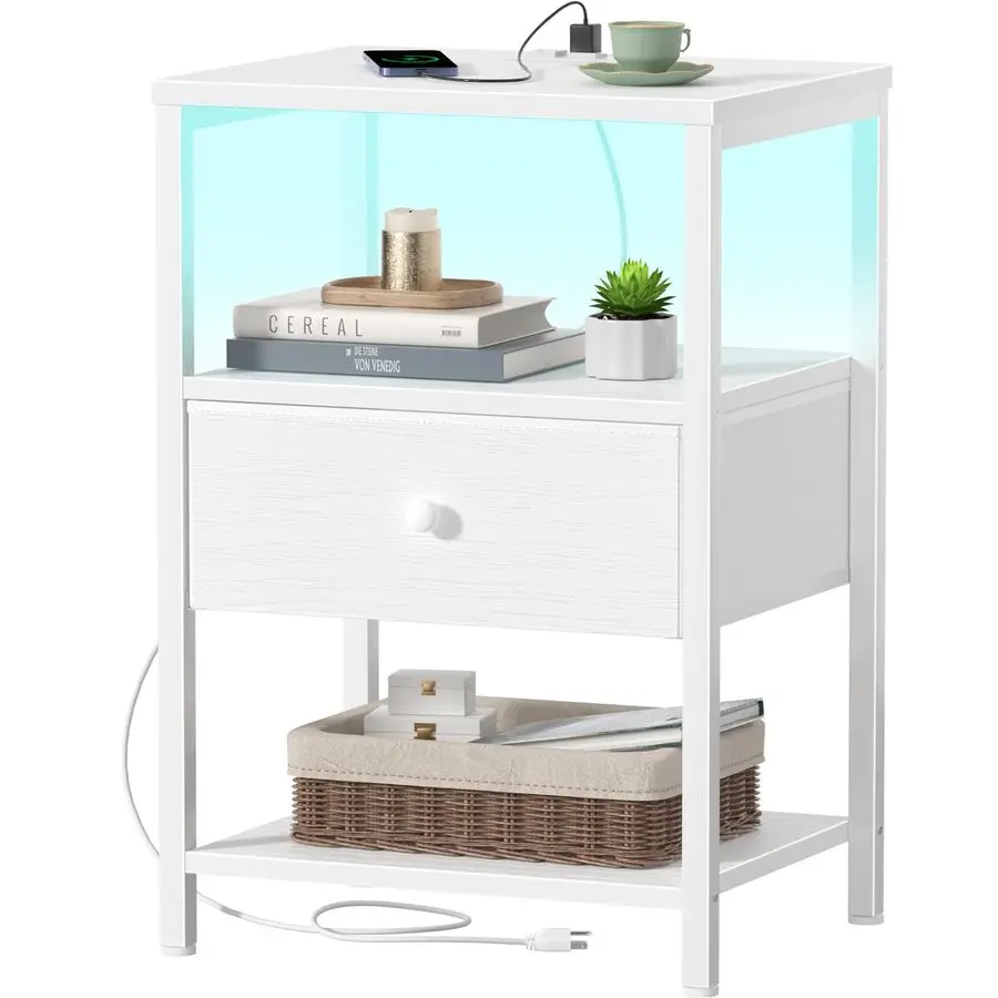 

White Nightstand with Charging Station, LED Night Stand with Fabric Drawers and Shelf, Bedside Table with USB Ports and Outlets,
