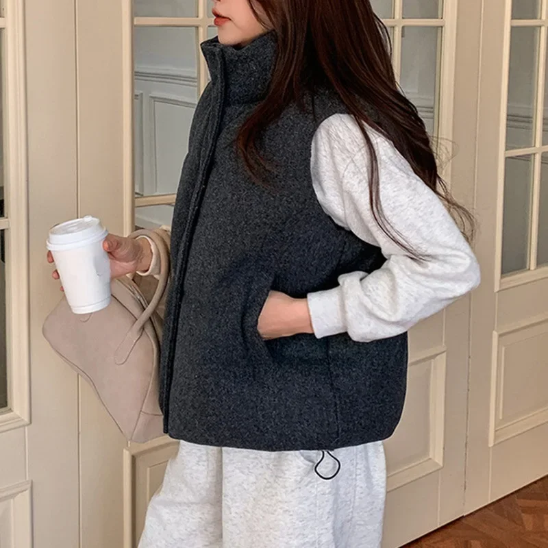 Stand Collar Zipper Vest Jacket Black Gray Waistcoat Short Down Cotton Vest Women Autumn Winter New Korean Fashion Sleeveless