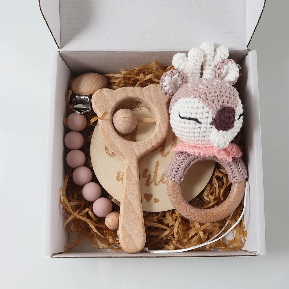 4pcs Newborn Gift Set - Baby Crochet Rattle Pacifier Clip, Teether, - Bunny Teether Elephant Toy Photography Background Set