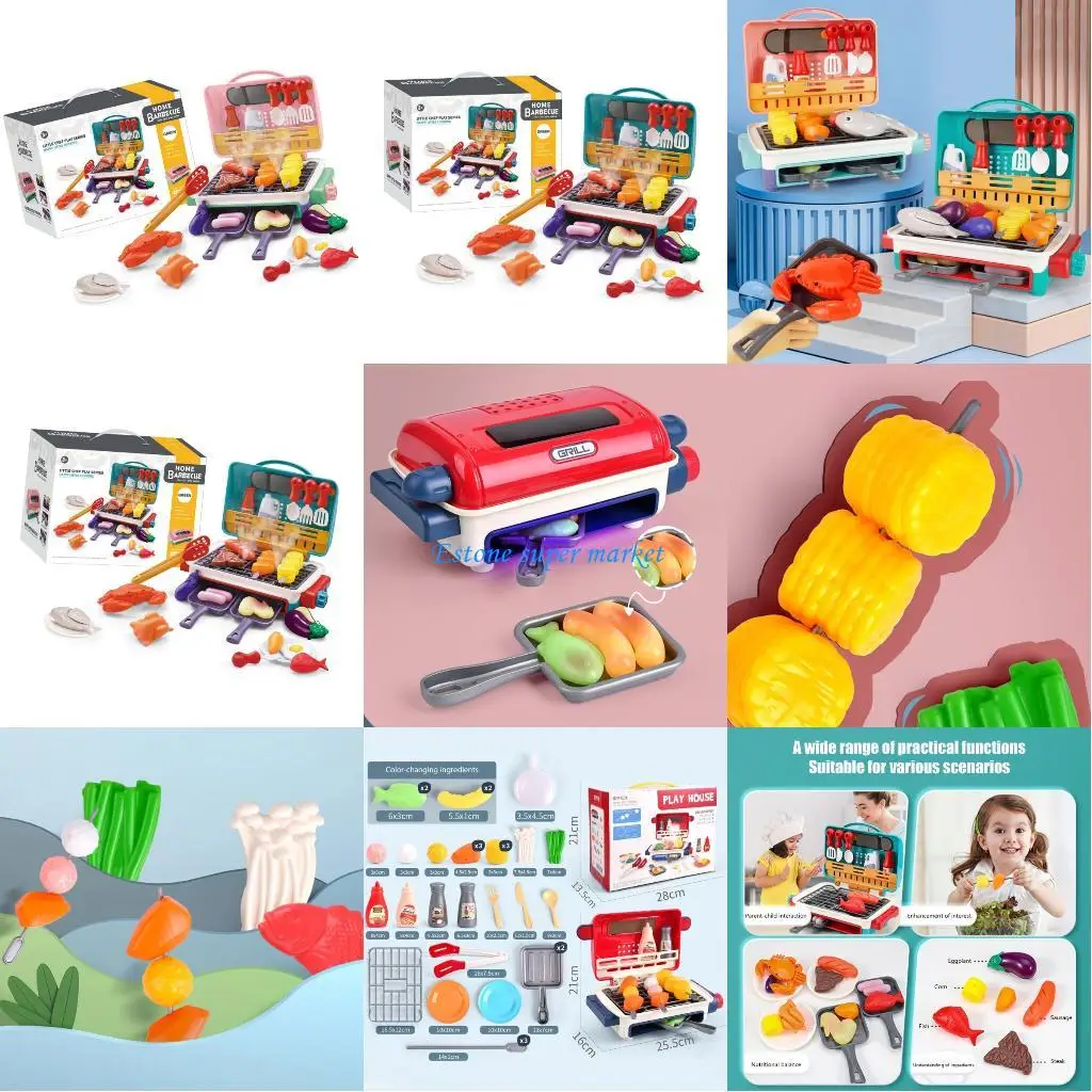 090B Electric Simulation BBQ Grill Toy Kitchen Play Set with Realistic Sound Light Effects for Kids Pretend Play Cook Role