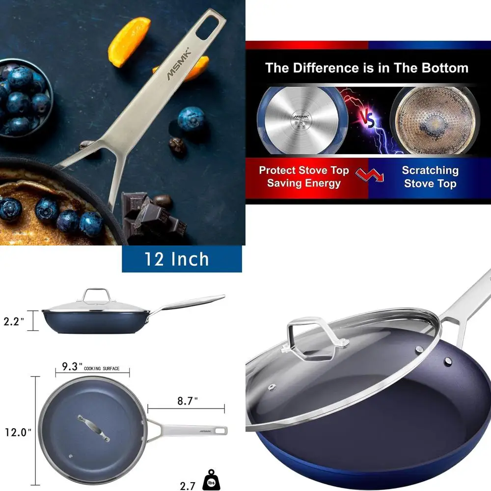 

Blue 12-inch Titanium & Diamond Coated Non-Stick Frying Pan Set with Lid, Durable, Even Heat, Easy Clean, Comfort Grip, Inductio