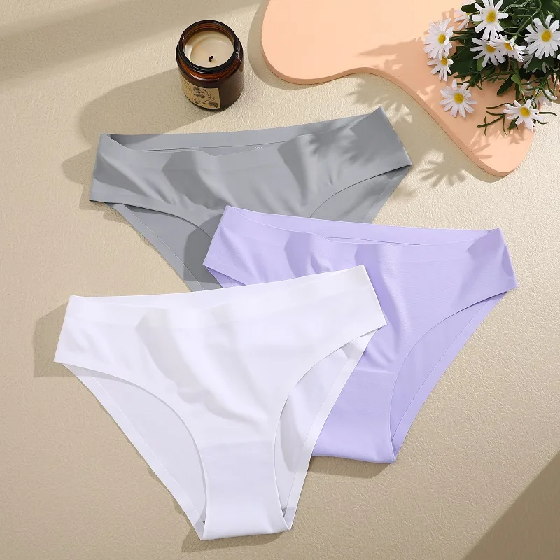 3PCS/Set Seamless Pantie For Women Low Rise Briefs 9 Solid Colors Ultra Thin Underwear Ice Silk Breathable Underpants Female