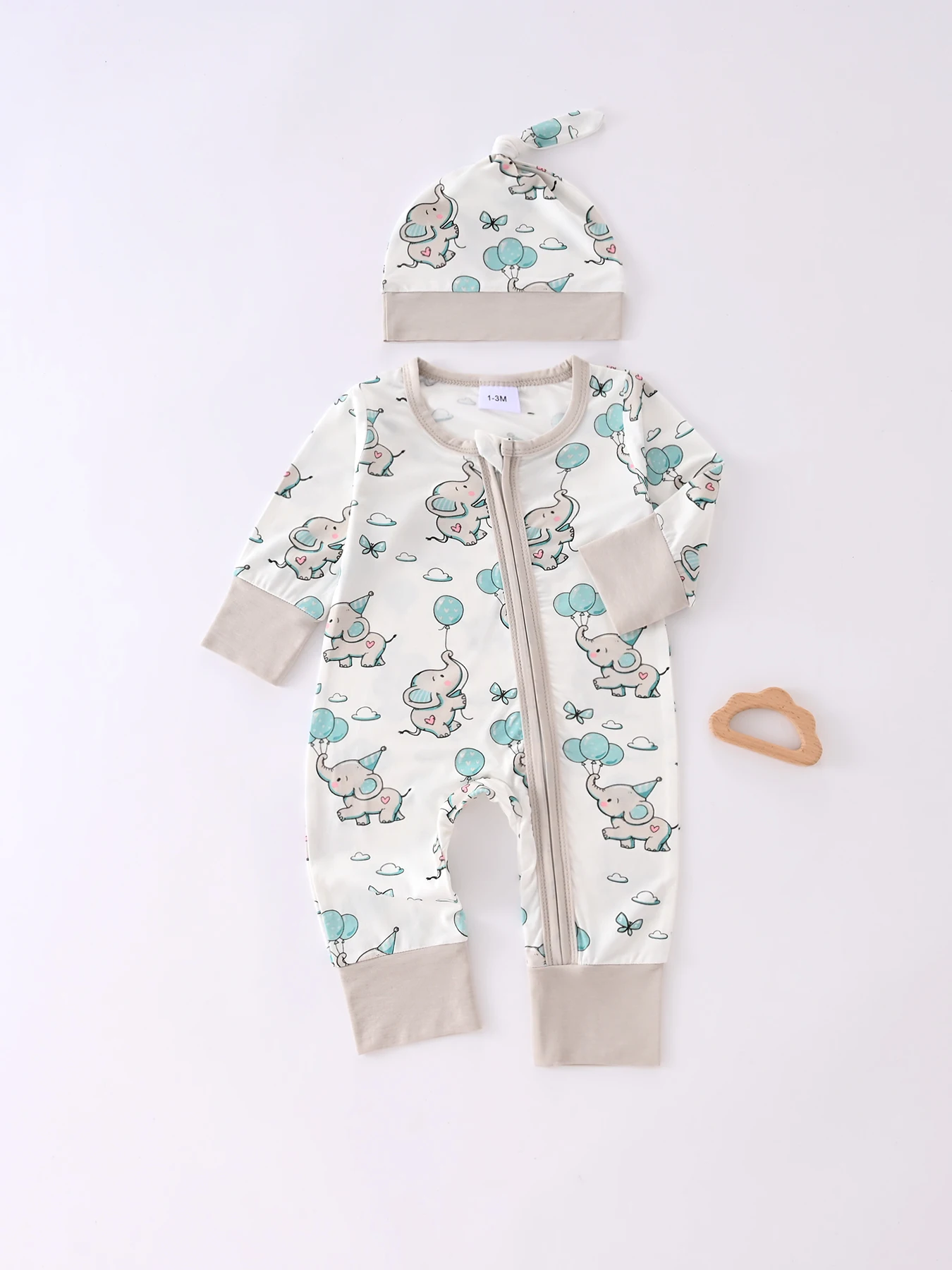 Unisex Baby Long Sleeve Zipper Jumpsuit with Hat Boy Girl Cute Elephant Printed Bodysuit Infant Romper 0-1-3-6M Four Seasons