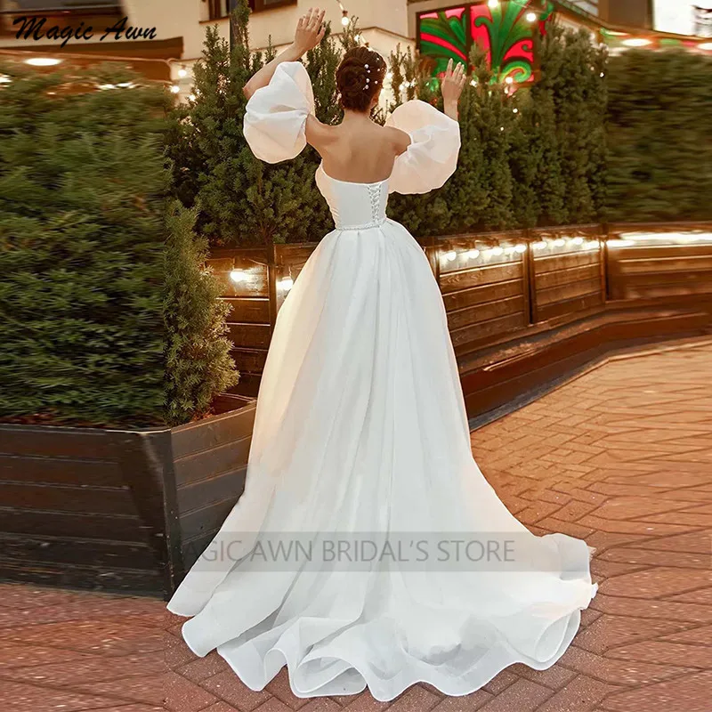 Magic Awn New Boho Wedding Dresses Detachable Puffy Sleeves Sweetheart Organza White Bridal Gowns For Women Lace-Up Back Vestido