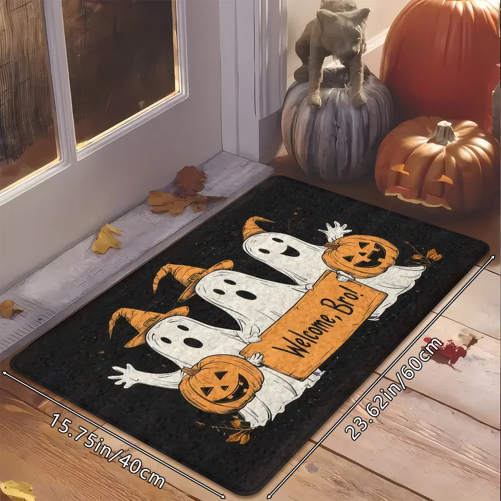 Cute Halloween Ghost Door Mat Flannel Non Slip Washable Full Print Pumpkin Spooky Vintage Rug for Front Porch Indoor Outdoor