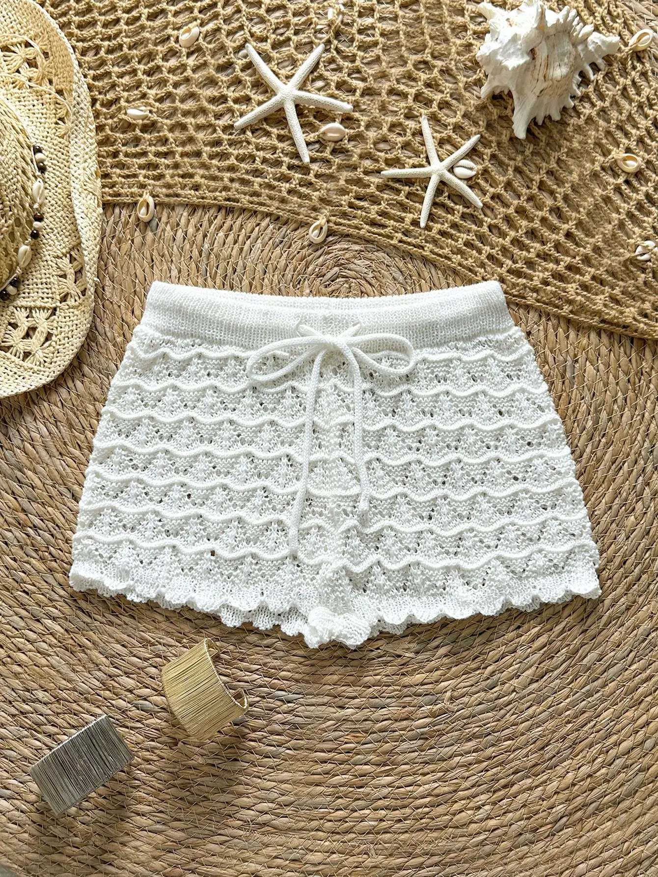Knitted Crochet Drawstring Hollow Out Slim Fit Bow Shorts