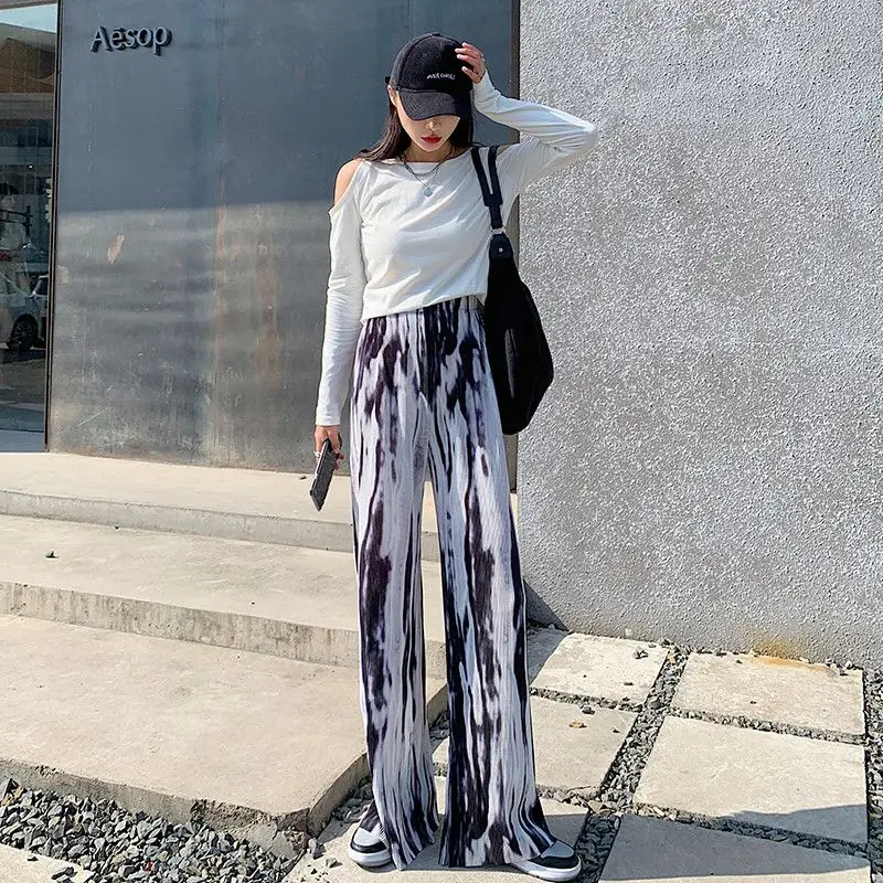 Dyed Pleated Style Split PantsHigh-waisted Wide-leg Mopping Trousers Korean Style Women Pants 2023 New