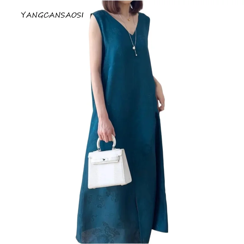 

Women's Fashion Clothing Luxury 100%Natural Mulberry Silk Jacquard Flower Luo Round Neck V-Neck Double Wear Split Tank Top Dress