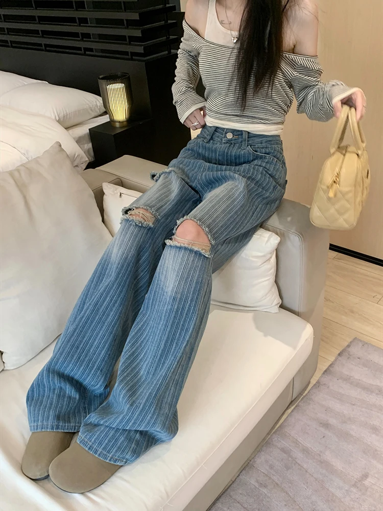 Women Jeans High Waist Retro Ripped Wide Leg Pants Straight Leg Jeans Hollow-out Pants Women's Casual Street Pants Multip