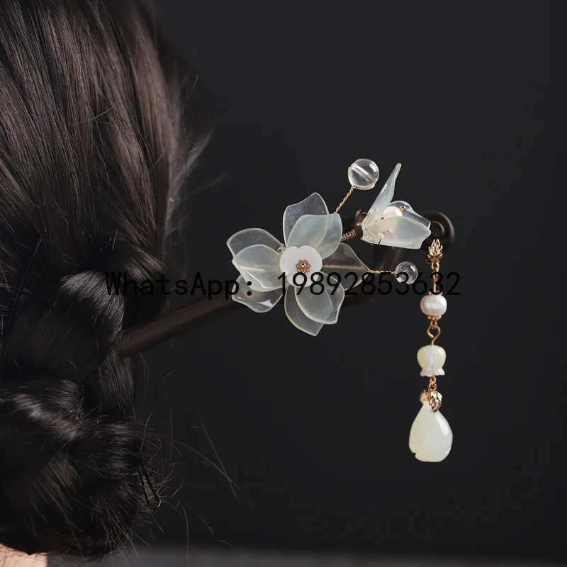 FS New Chinese Ebony Hairpin Handmade Flower Hanfu Ancient Clothing Classical Hairpin Tassel Step Shake