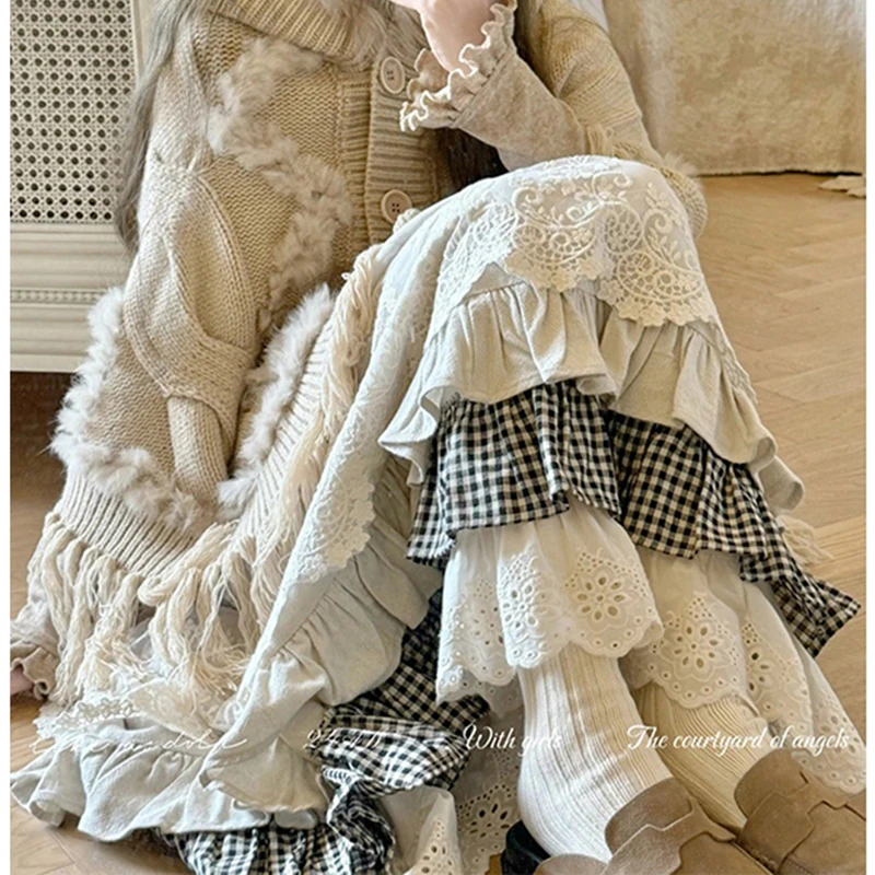 

Кружевные клетчатые лоскутные юбки, зимние Harajuku, корейские оборки с высокой талией, повседневная трапециевидная юбка Faldas, винтажная юбка-миди, женская каваи