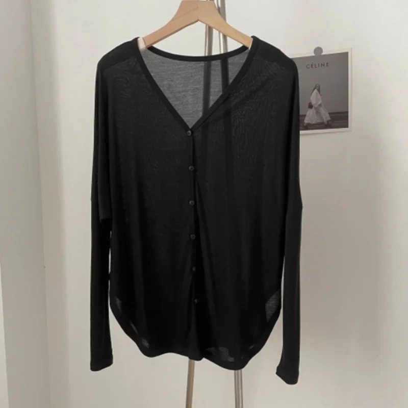 

Retro Lazy Sle Loose Slimming Button Design Asymmetrical Slit Long Sve T-irt Open Cardigan Outerwear Korean Sle Commute