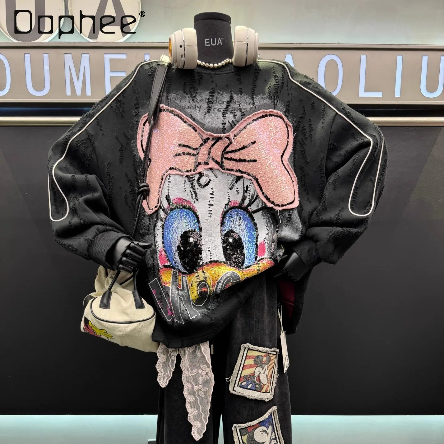 بلوفر مبطن بالصوف للنساء بلوفر برقبة دائرية 2025 شتاء جديد ثقيل مطرز بالترتر فضفاض مناسب متعدد الاستخدامات رداء علوي غير رسمي