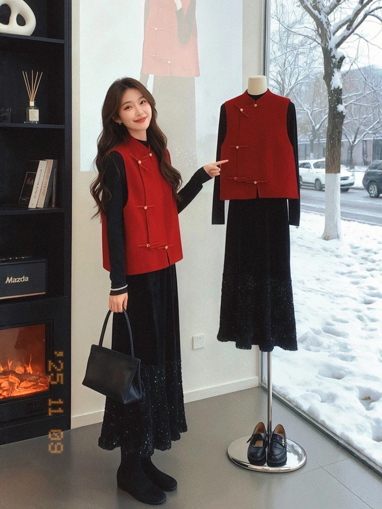

Red Chinese Sle Button up Vest And Skirt Set plus Size Winter Faion Tee Piece Women's Warm Casual Wear High Waist