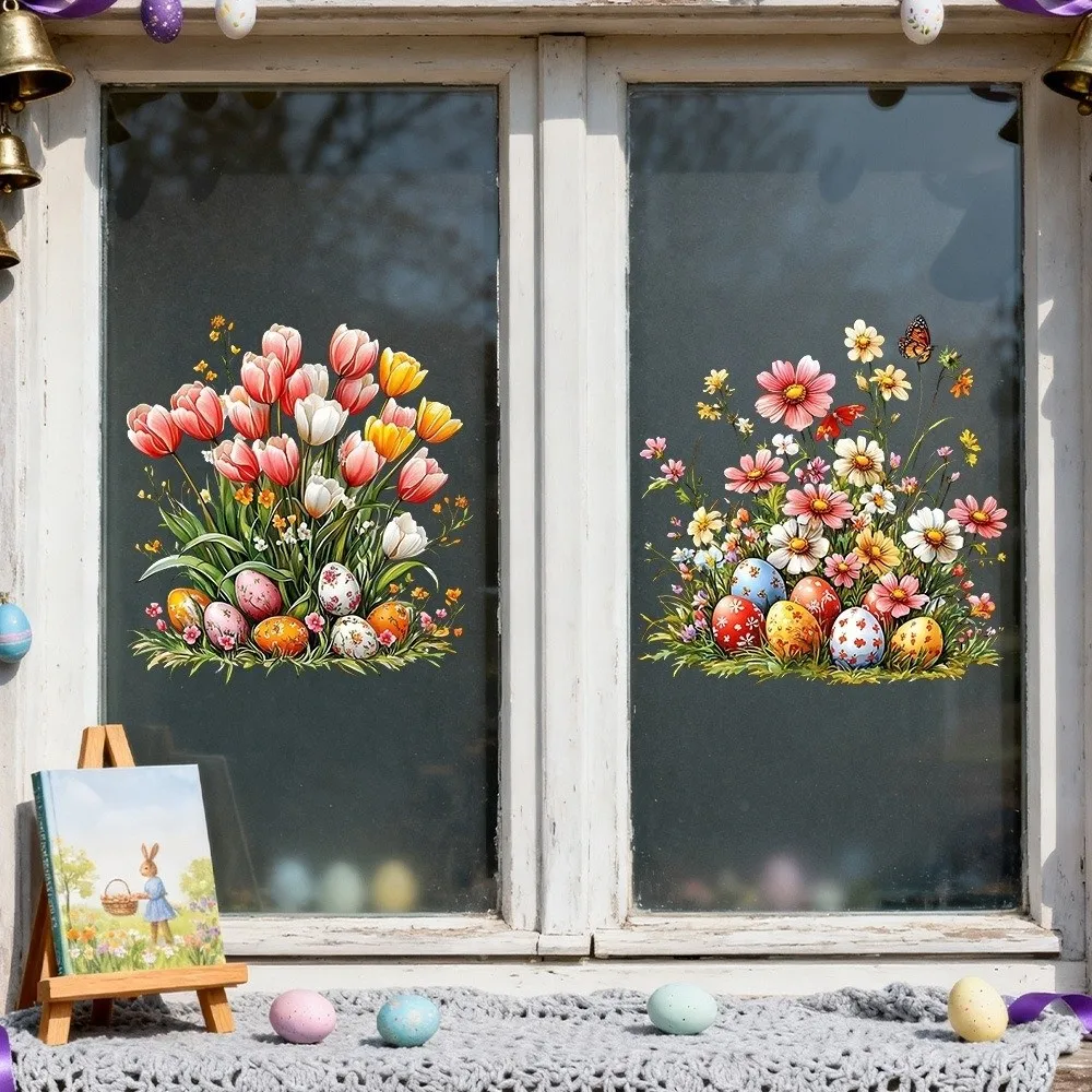 New Easter Flower Rabbit Sticker Self-Adhesive PVC Festival Party Sticker Removable Waterproof Wall Stickers Window Decoration