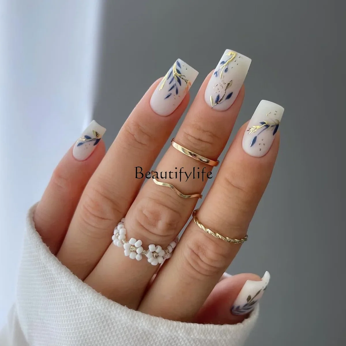 

Premium Jade White Wearing Nail Piece Gold Blue Splicing Leaf Nail Art Wearing