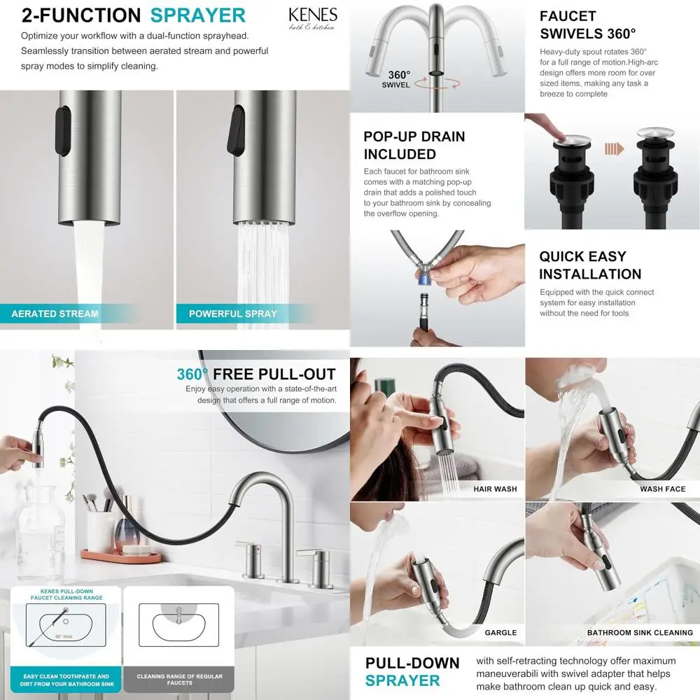 

8 Inch 3-Hole Widespread Bathroom Sink Faucet with Pull-Out Spray and Pop-Up Drain, Includes Supply Lines